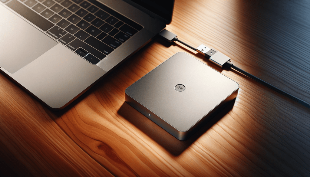 dall%c2%b7e-2024-01-10-21-02-18-a-top-view-of-a-modern-workspace-with-a-wooden-desk-surface-on-the-desk-there-is-a-portable-external-hard-drive-with-a-metallic-finish-connected-to-1465597