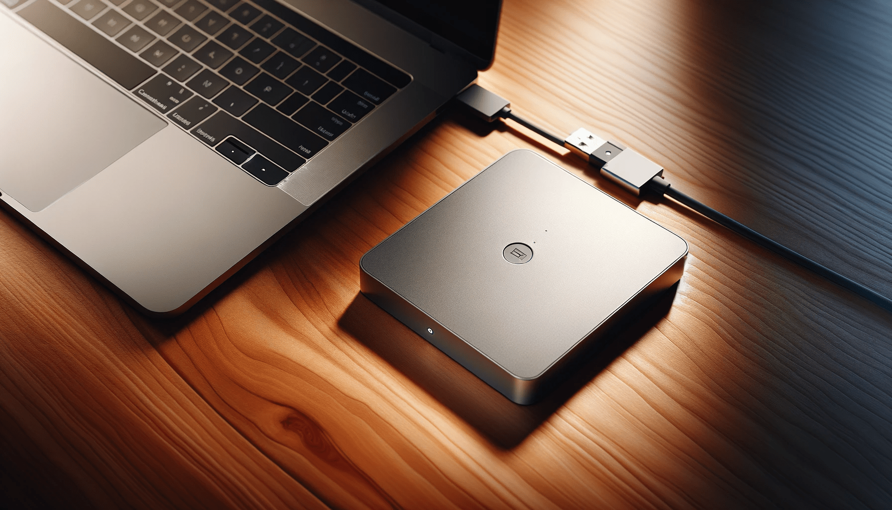 dall%c2%b7e-2024-01-10-21-02-18-a-top-view-of-a-modern-workspace-with-a-wooden-desk-surface-on-the-desk-there-is-a-portable-external-hard-drive-with-a-metallic-finish-connected-to-1465597