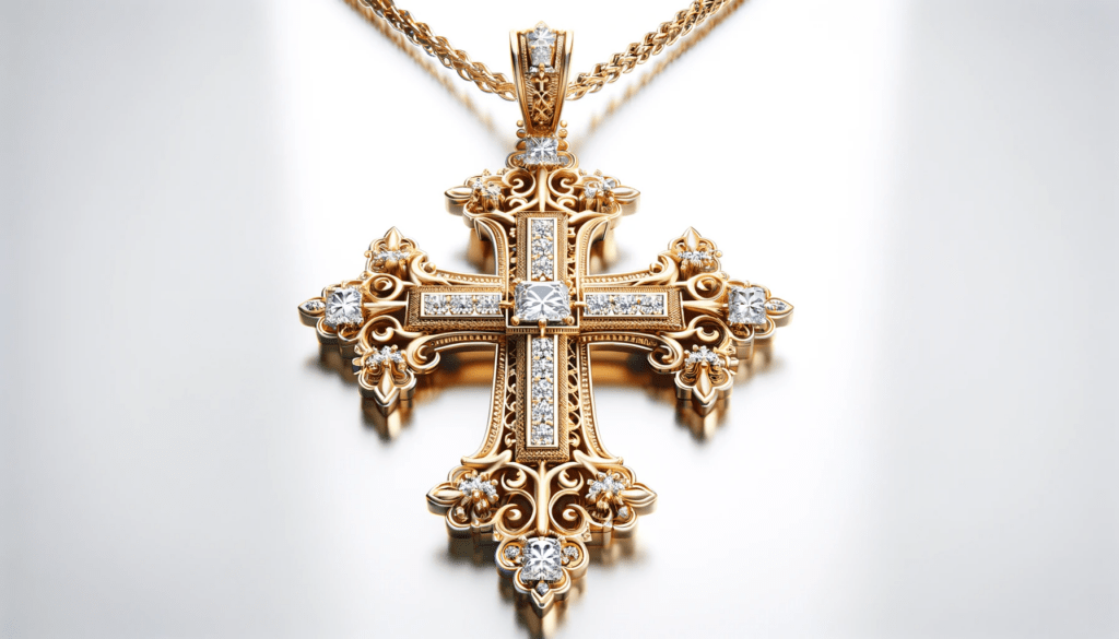 dall%c2%b7e-2024-01-11-08-59-12-an-intricate-golden-pendant-in-the-shape-of-a-symmetrical-cross-with-elaborate-decorations-and-multiple-zirconia-stones-centered-and-showcased-agains-7401934