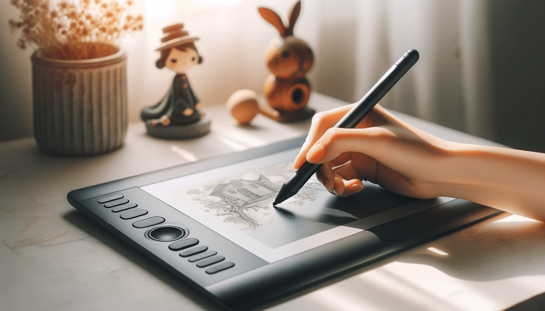 dall%c2%b7e-2024-01-13-18-41-59-a-close-up-photograph-of-a-left-hand-holding-a-stylus-and-drawing-on-an-inclined-black-graphic-tablet-with-a-gray-border-and-functional-buttons-on-the-2581365