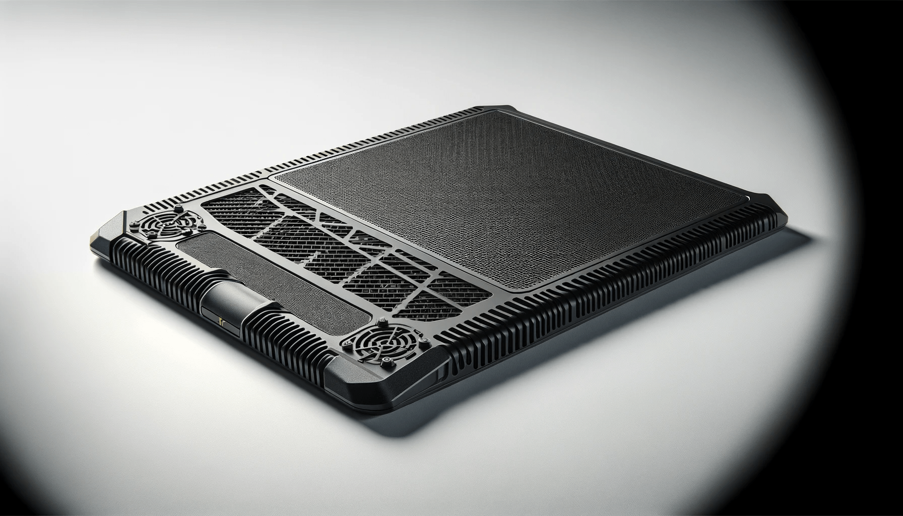 dall%c2%b7e-2024-01-13-21-30-27-an-angled-view-of-a-black-laptop-cooling-pad-on-a-white-background-the-cooling-pad-has-a-large-perforated-metal-surface-for-ventilation-and-a-textur-5424233