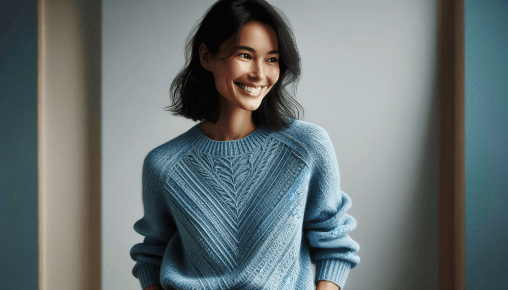 dall%c2%b7e-2024-01-15-03-54-16-a-cheerful-woman-in-a-three-quarter-pose-wearing-a-textured-blue-sweater-and-black-pants-she-has-medium-length-dark-hair-a-joyful-expression-and-is-1075169