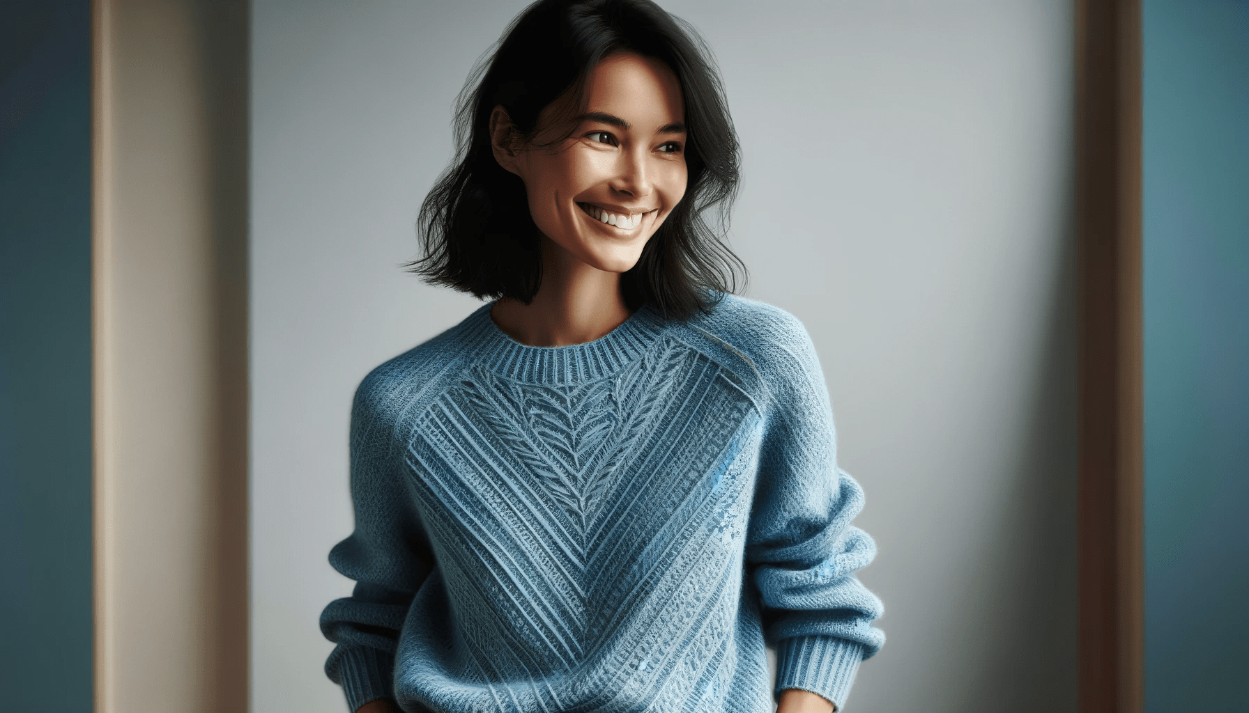 dall%c2%b7e-2024-01-15-03-54-16-a-cheerful-woman-in-a-three-quarter-pose-wearing-a-textured-blue-sweater-and-black-pants-she-has-medium-length-dark-hair-a-joyful-expression-and-is-1075169