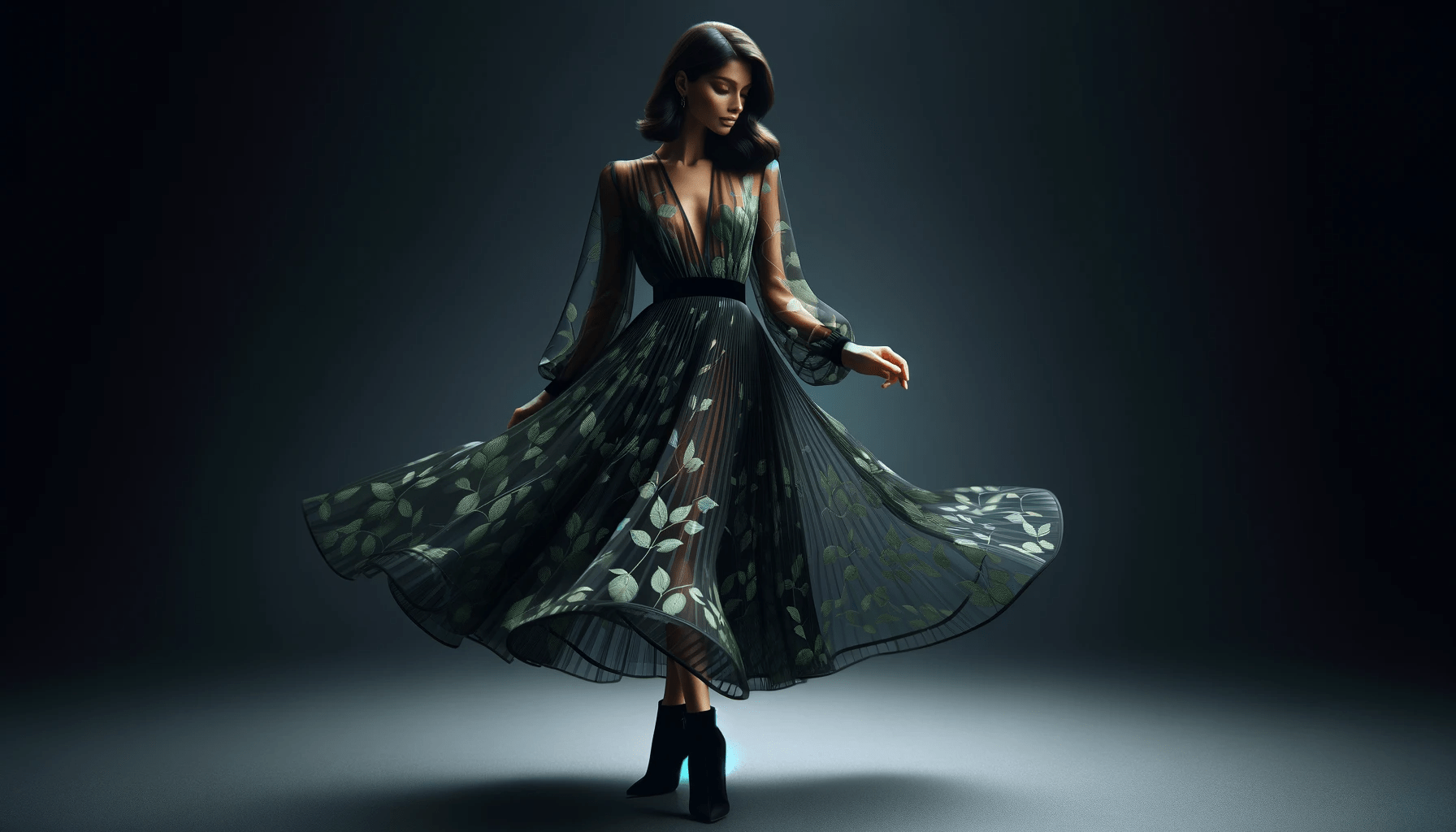 dall%c2%b7e-2024-01-15-08-40-16-an-elegant-woman-in-a-flowing-dress-with-a-green-leaf-pattern-on-a-black-background-the-dress-is-long-sleeved-and-semi-transparent-with-a-flared-ski-9089060