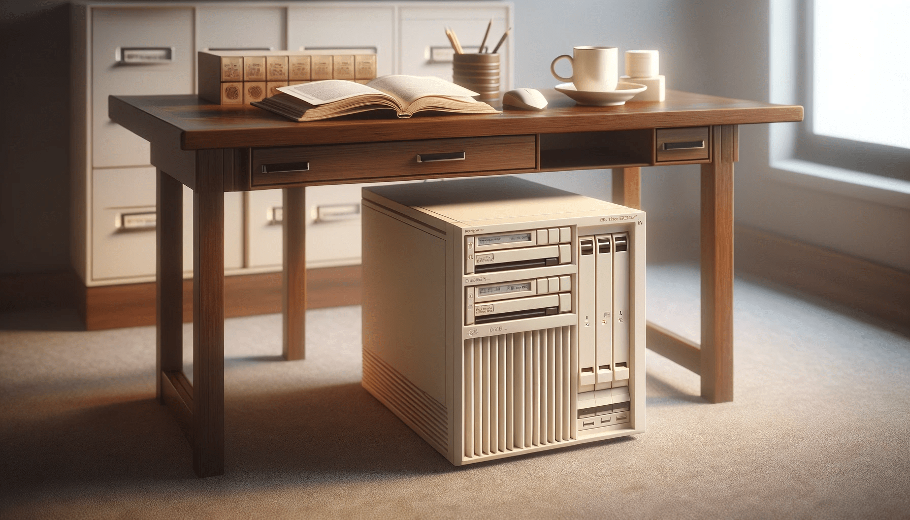 dall%c2%b7e-2024-01-15-12-34-12-an-off-white-vintage-computer-tower-with-multiple-disk-drives-under-a-wooden-desk-the-desk-has-a-dark-brown-color-with-a-slightly-reflective-surface-4359359