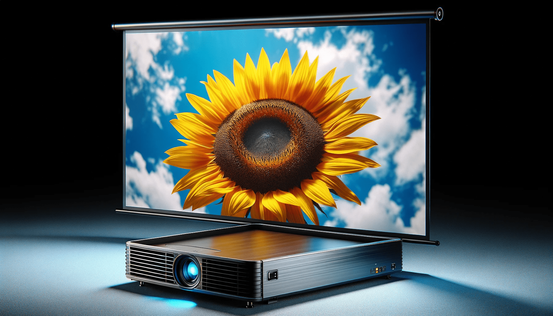 dall%c2%b7e-2024-01-15-18-43-11-a-vivid-high-definition-image-of-a-projector-screen-pulled-down-and-displaying-a-photograph-the-photograph-on-the-screen-shows-a-large-bright-sunfl-9246662