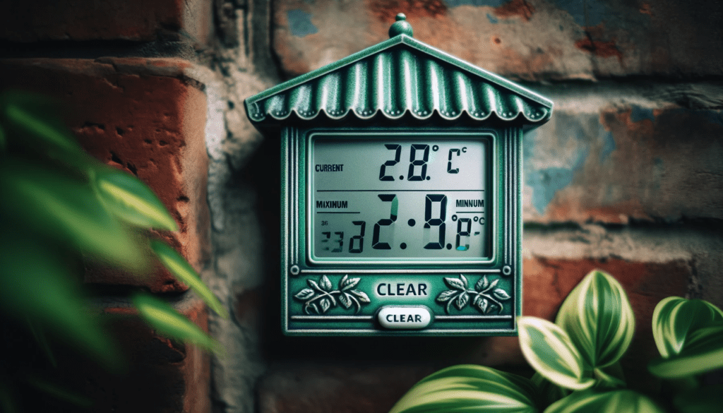dall%c2%b7e-2024-01-16-07-06-15-a-traditional-green-garden-thermometer-mounted-on-a-rustic-brick-wall-the-digital-display-shows-three-readings_-the-current-temperature-at-25-8c-th-9355647