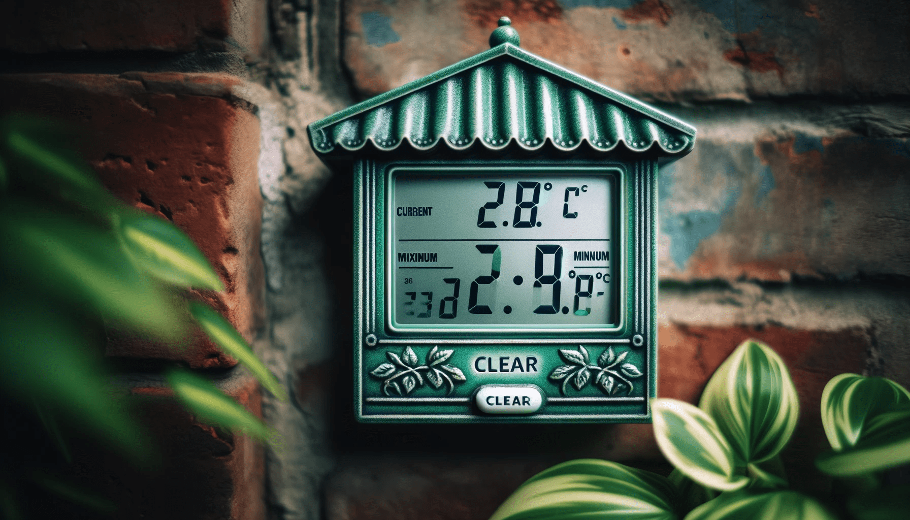 dall%c2%b7e-2024-01-16-07-06-15-a-traditional-green-garden-thermometer-mounted-on-a-rustic-brick-wall-the-digital-display-shows-three-readings_-the-current-temperature-at-25-8c-th-9355647