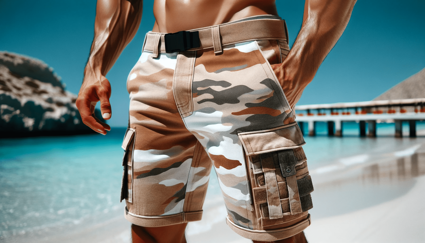dall%c2%b7e-2024-01-16-10-44-34-a-man-is-seen-from-the-waist-down-to-mid-thigh-standing-near-a-beach-he-is-wearing-camouflage-cargo-shorts-in-shades-of-beige-light-brown-and-whit-7780471