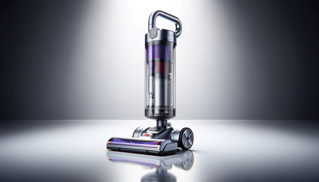 dall%c2%b7e-2024-01-17-03-57-03-a-cordless-vacuum-cleaner-stands-upright-on-a-reflective-white-surface-the-cleaner-has-a-sleek-modern-design-with-a-purple-metallic-stick-a-silver-5141202