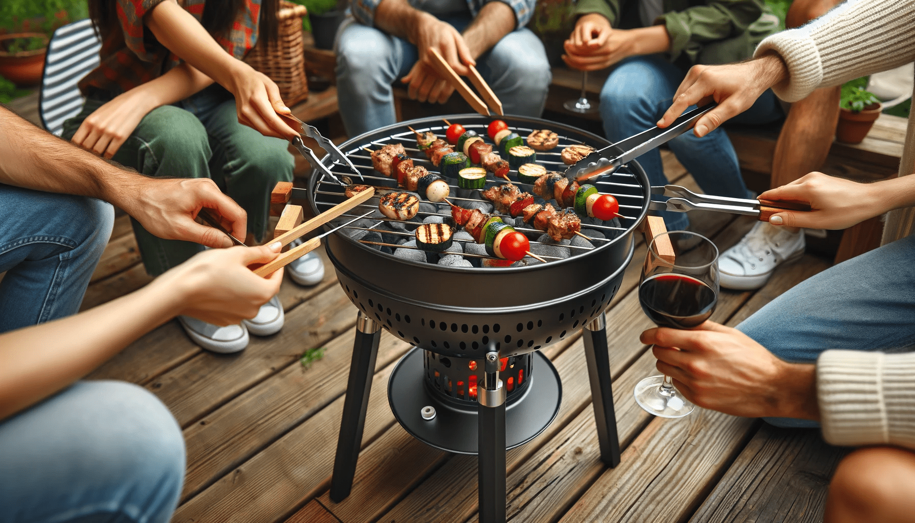 dall%c2%b7e-2024-01-17-06-23-42-a-friendly-gathering-around-a-round-compact-portable-charcoal-barbecue-grill-on-a-wooden-deck-the-grill-is-filled-with-hot-coals-and-on-top-vario-7083337