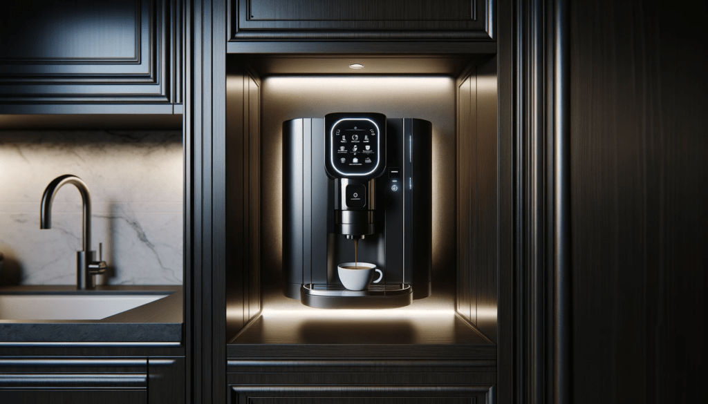 dall%c2%b7e-2024-01-17-07-11-25-a-built-in-automatic-coffee-machine-is-embedded-in-a-dark-wood-kitchen-wall-unit-the-machine-has-a-sleek-black-and-silver-design-with-a-digital-touc-2930325