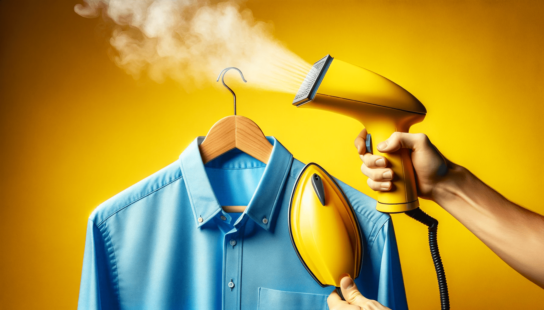 dall%c2%b7e-2024-01-17-07-25-17-a-close-up-of-a-persons-hand-holding-a-vibrant-yellow-handheld-garment-steamer-emitting-steam-onto-a-hanging-light-blue-shirt-the-background-is-a-s-7258963