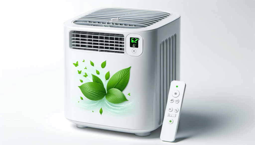 dall%c2%b7e-2024-01-17-07-48-45-a-modern-white-portable-air-conditioner-with-visible-cool-air-flow-and-green-leaves-graphic-symbolizing-fresh-air-it-has-a-digital-display-showing-th-1559909