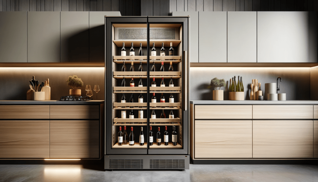 dall%c2%b7e-2024-01-17-07-58-52-a-modern-elegant-tall-wine-cooler-with-a-full-glass-door-filled-with-various-bottles-of-red-and-white-wine-arranged-on-horizontal-wooden-shelves-it-4846156