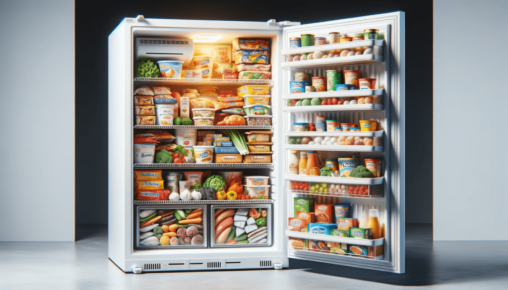 dall%c2%b7e-2024-01-17-08-27-24-create-a-16_9-full-hd-image-that-depicts-an-open-standalone-white-freezer-with-multiple-shelves-stocked-with-various-food-items-the-door-is-to-the-l-8744973