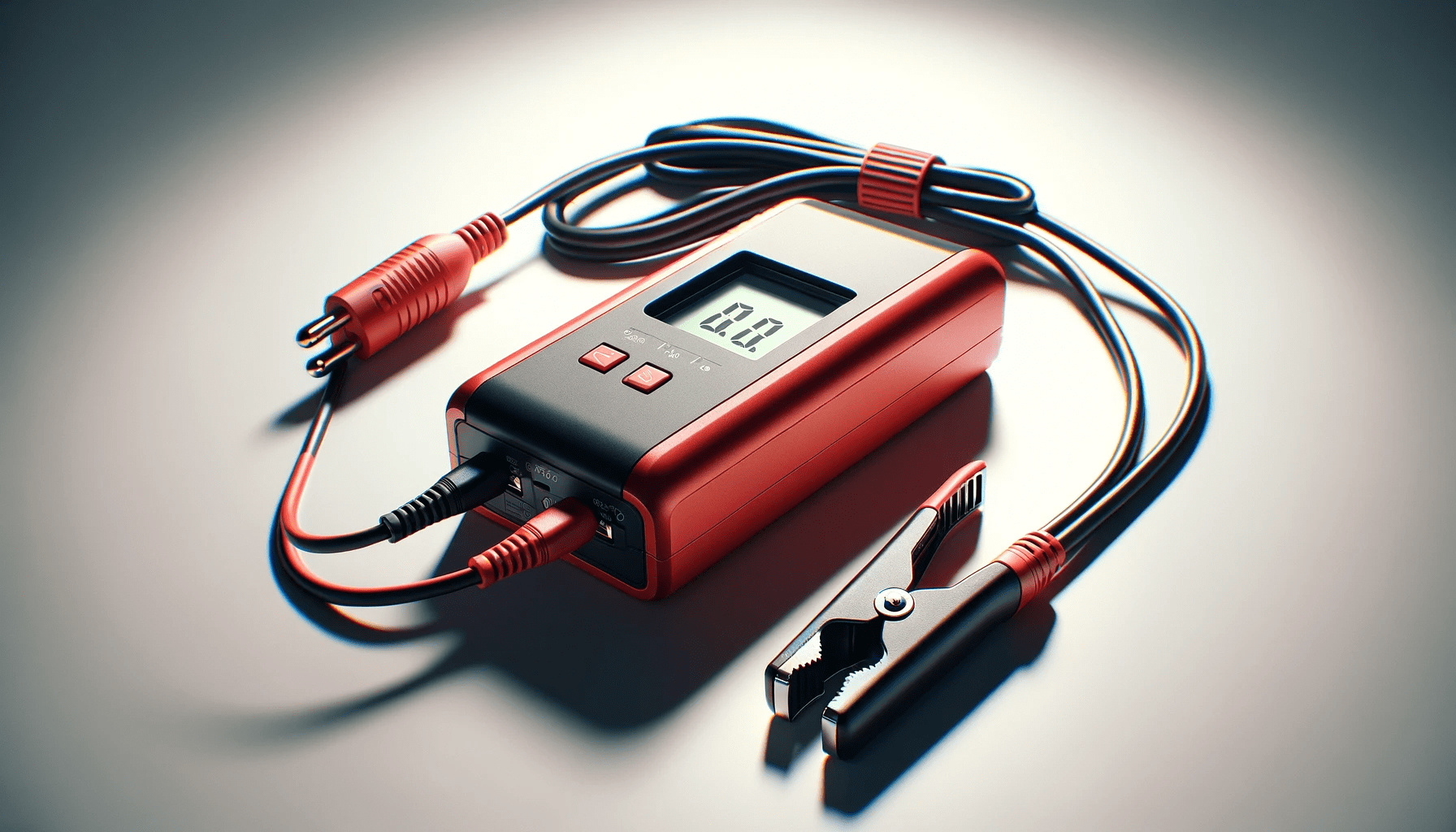 dall%c2%b7e-2024-01-18-13-27-58-a-digital-battery-charger-in-vibrant-red-with-a-small-rectangular-digital-display-in-the-center-the-charger-has-two-black-cables-with-clamps-at-the-e-5043026