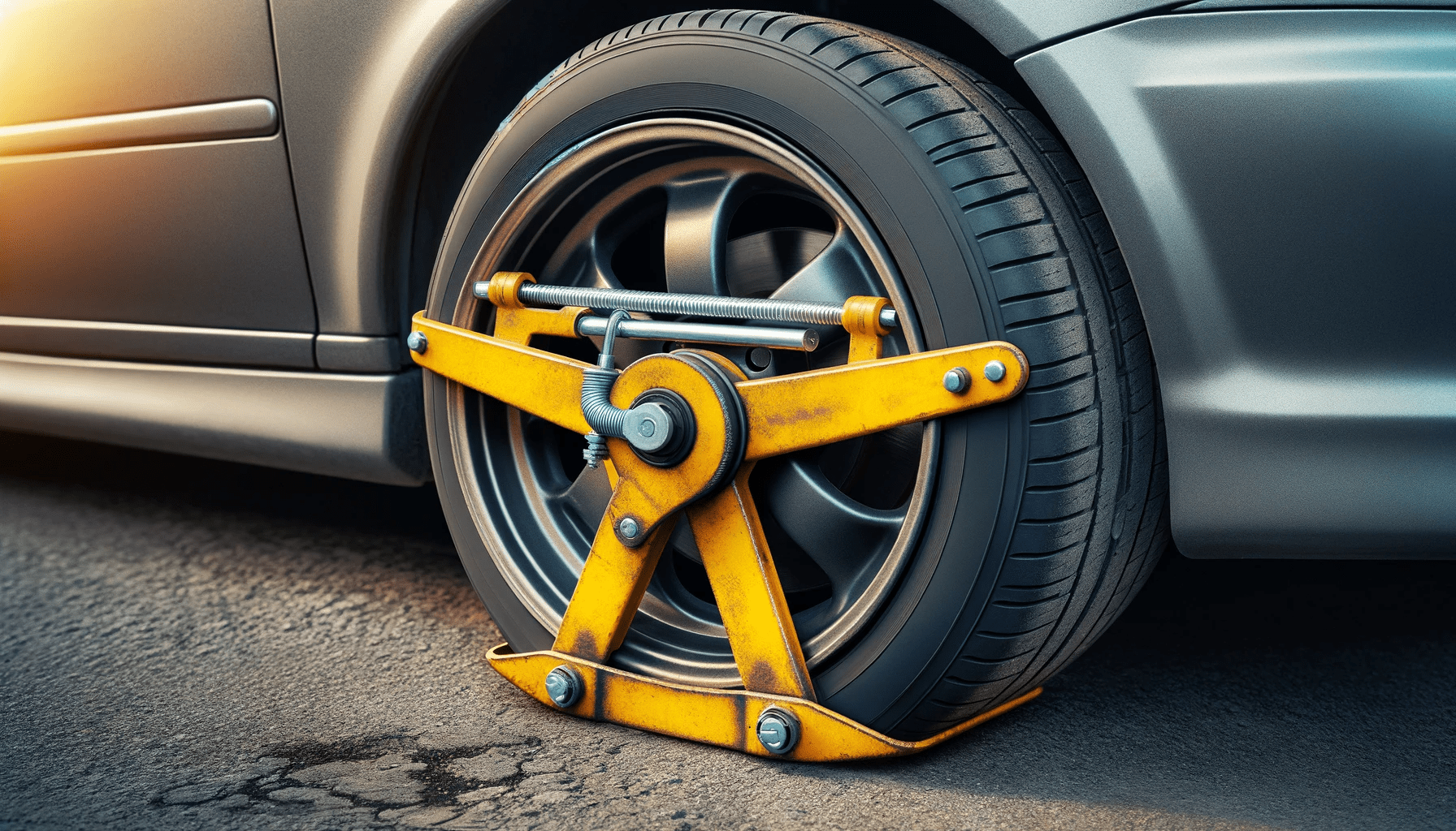 dall%c2%b7e-2024-01-18-14-16-18-an-outdoor-photograph-showing-a-car-wheel-clamp-device-attached-to-a-car-tire-the-clamp-is-yellow-and-has-a-large-triangular-shape-covering-the-whee-1515155