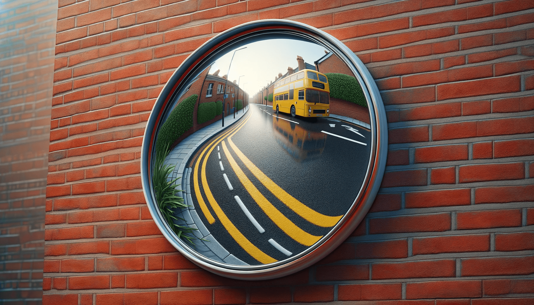 dall%c2%b7e-2024-01-18-15-51-37-a-high-resolution-16_9-aspect-ratio-image-of-a-convex-traffic-mirror-mounted-on-a-red-brick-wall-the-mirror-reflects-a-street-scene-with-a-yellow-ve-9940619