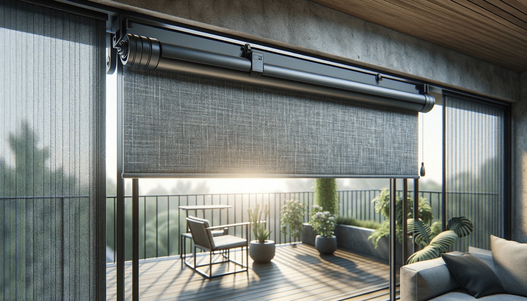dall%c2%b7e-2024-01-19-12-33-53-a-horizontal-image-of-a-modern-outdoor-roller-blind-with-a-textured-gray-fabric-partially-rolled-to-showcase-a-balcony-view-with-railing-and-plants-i-8354438