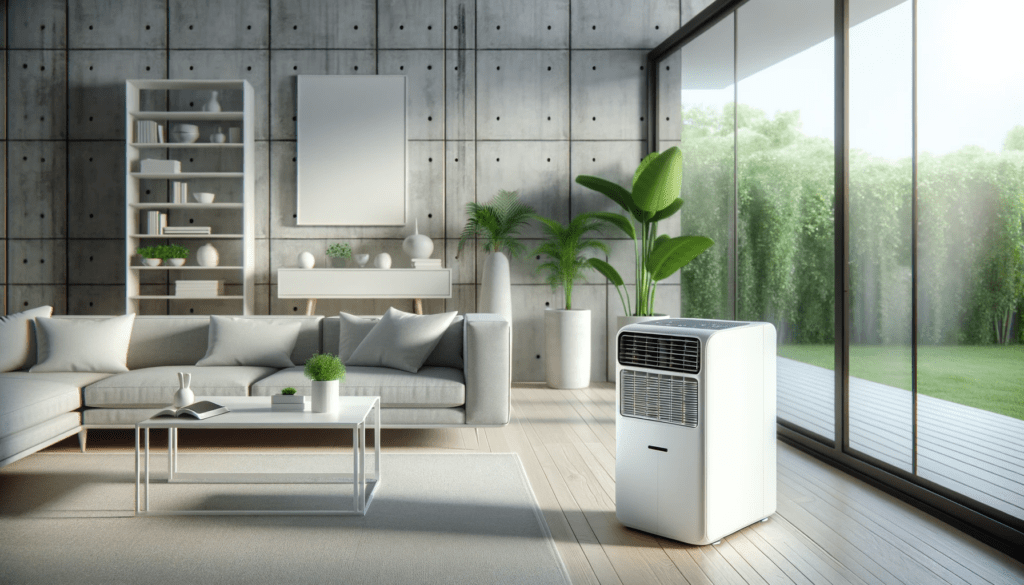 dall%c2%b7e-2024-01-19-15-49-06-a-sleek-white-portable-air-conditioner-stands-on-a-light-wooden-floor-in-a-modern-living-room-the-air-conditioner-has-a-prominent-digital-display-at-3205685