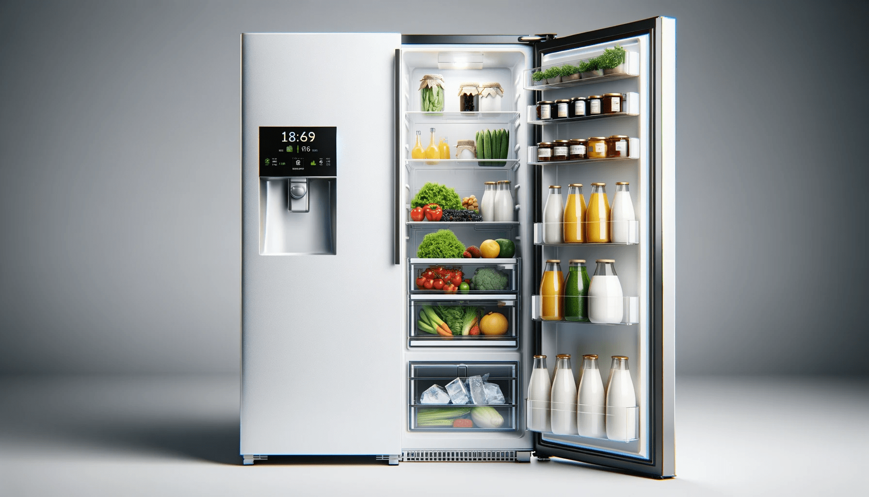 dall%c2%b7e-2024-01-19-16-18-45-create-a-highly-detailed-image-of-a-modern-freestanding-refrigerator-with-a-top-freezer-and-a-glass-door-the-fridge-should-be-filled-with-various-fo-9213152