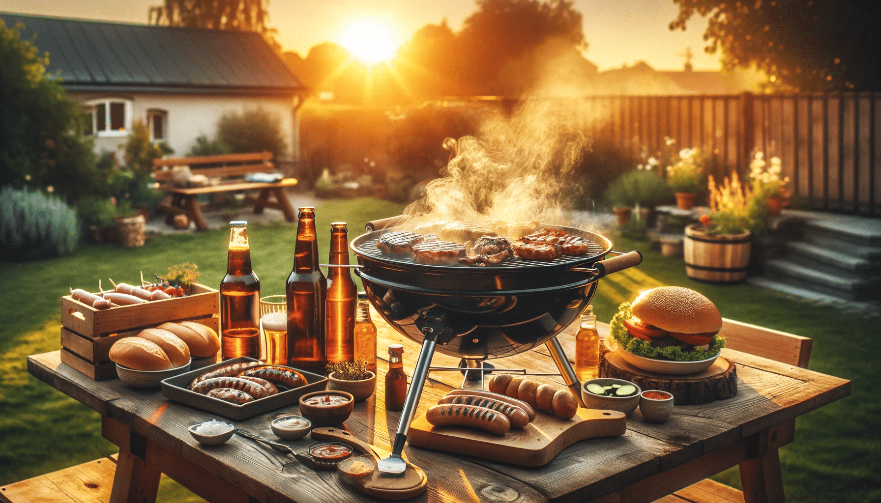 dall%c2%b7e-2024-01-19-18-37-56-a-rustic-outdoor-barbecue-scene-at-sunset-with-a-large-open-grill-smoking-on-a-wooden-picnic-table-various-meats-are-cooking-on-the-grill-and-there-8529734