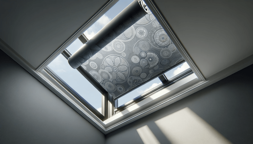 dall%c2%b7e-2024-01-23-09-49-12-a-close-up-image-of-a-skylight-window-with-a-modern-blackout-roller-blind-the-blind-is-partially-rolled-down-revealing-a-patterned-design-with-circu-5098523