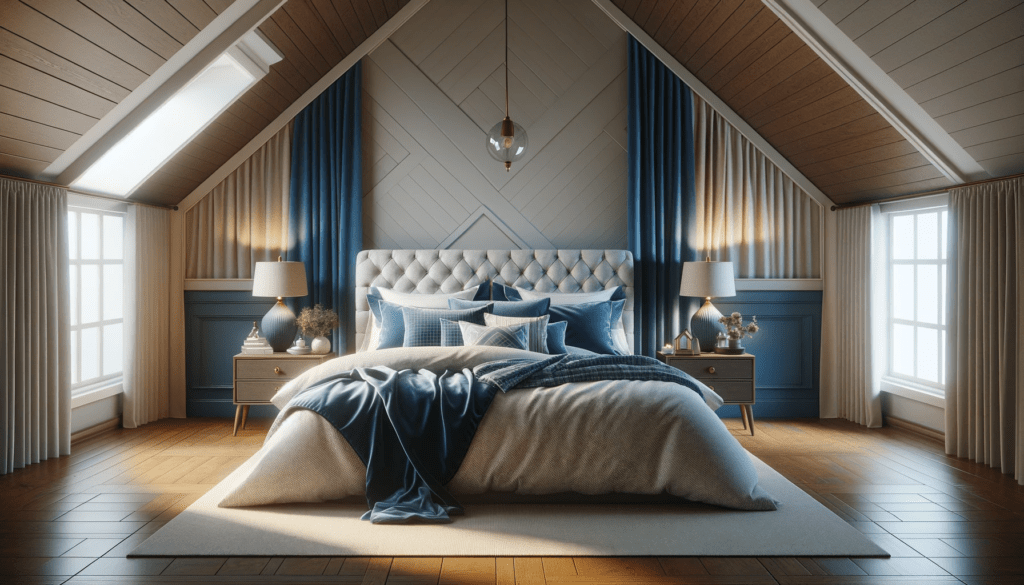 dall%c2%b7e-2024-01-23-10-51-58-a-16_9-full-hd-image-of-a-cozy-bedroom-with-a-sloped-ceiling-featuring-a-large-bed-with-a-tufted-headboard-and-a-blue-and-white-bedding-set-the-bed-9722733