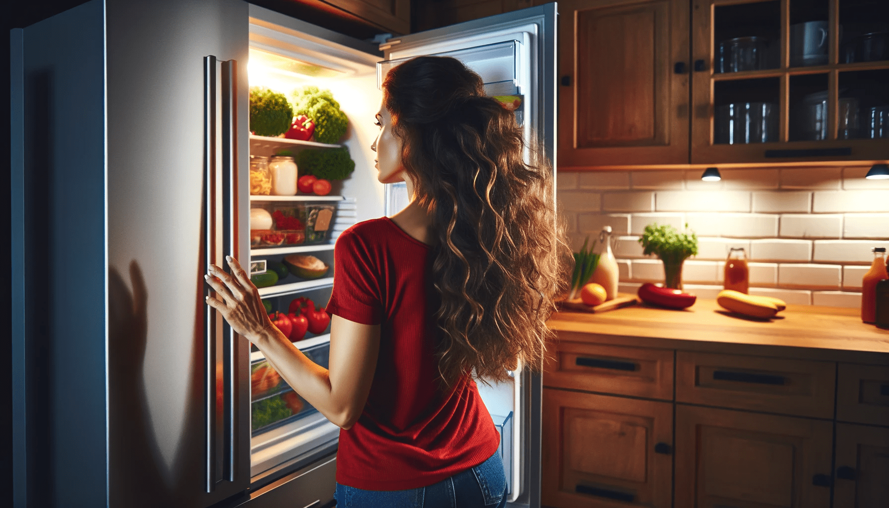 dall%c2%b7e-2024-01-23-11-15-49-photographic-image-of-a-woman-from-behind-wearing-a-red-shirt-opening-a-modern-refrigerator-filled-with-various-foods-the-woman-has-long-curly-dark-1285498
