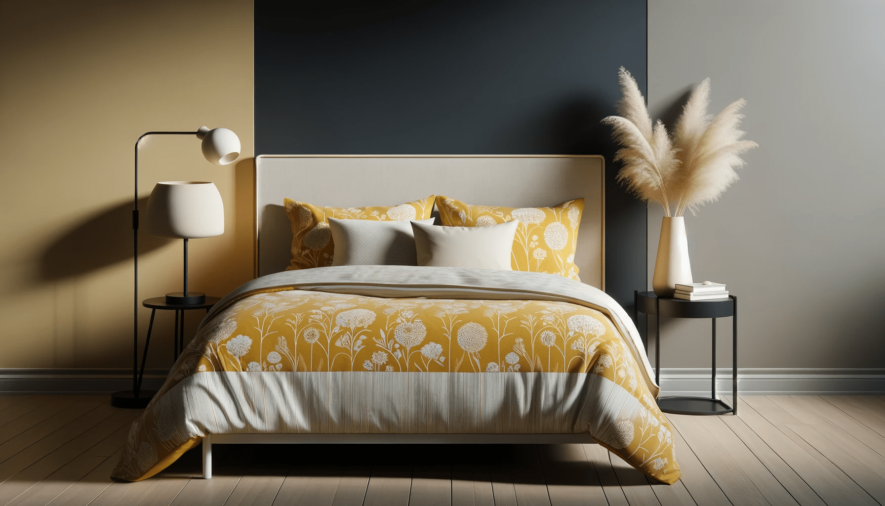 dall%c2%b7e-2024-01-26-11-57-49-a-modern-bedroom-scene-with-a-prominent-bed-featuring-a-yellow-bedspread-with-a-bold-white-floral-pattern-theres-a-cream-colored-headboard-against-a-2422832