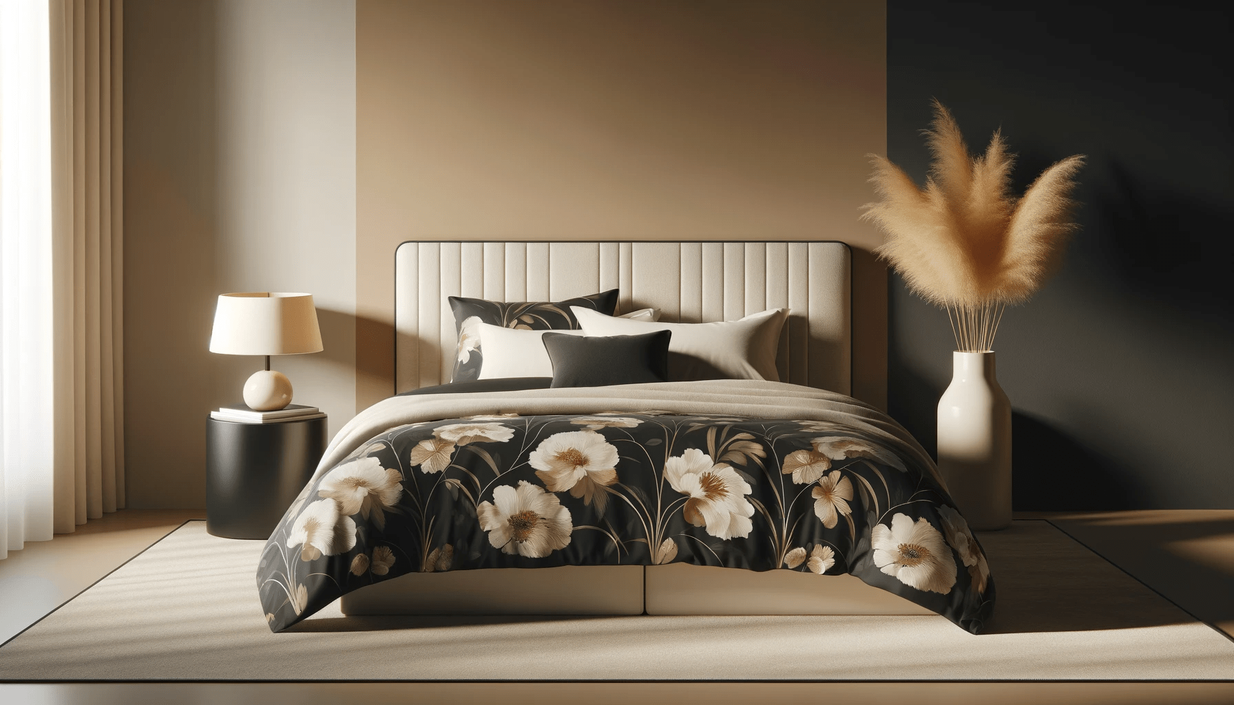 dall%c2%b7e-2024-01-26-12-01-11-a-stylish-bedroom-featuring-a-large-bed-with-a-black-bedspread-adorned-with-large-white-and-beige-floral-patterns-the-headboard-is-cream-colored-com-7595566