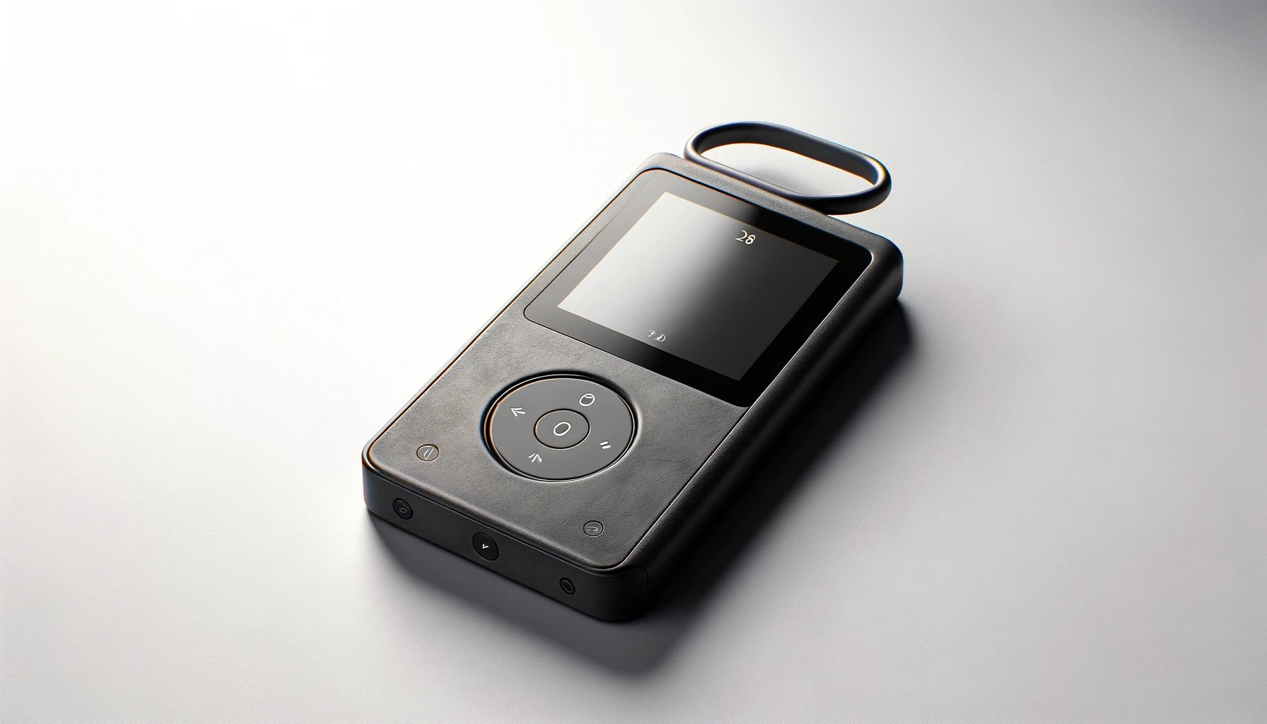 dall%c2%b7e-2024-02-04-10-47-30-a-modern-portable-music-player-in-matte-black-with-a-simplistic-design-displaying-a-small-rectangular-screen-at-the-top-half-and-a-circular-control-i-8502303