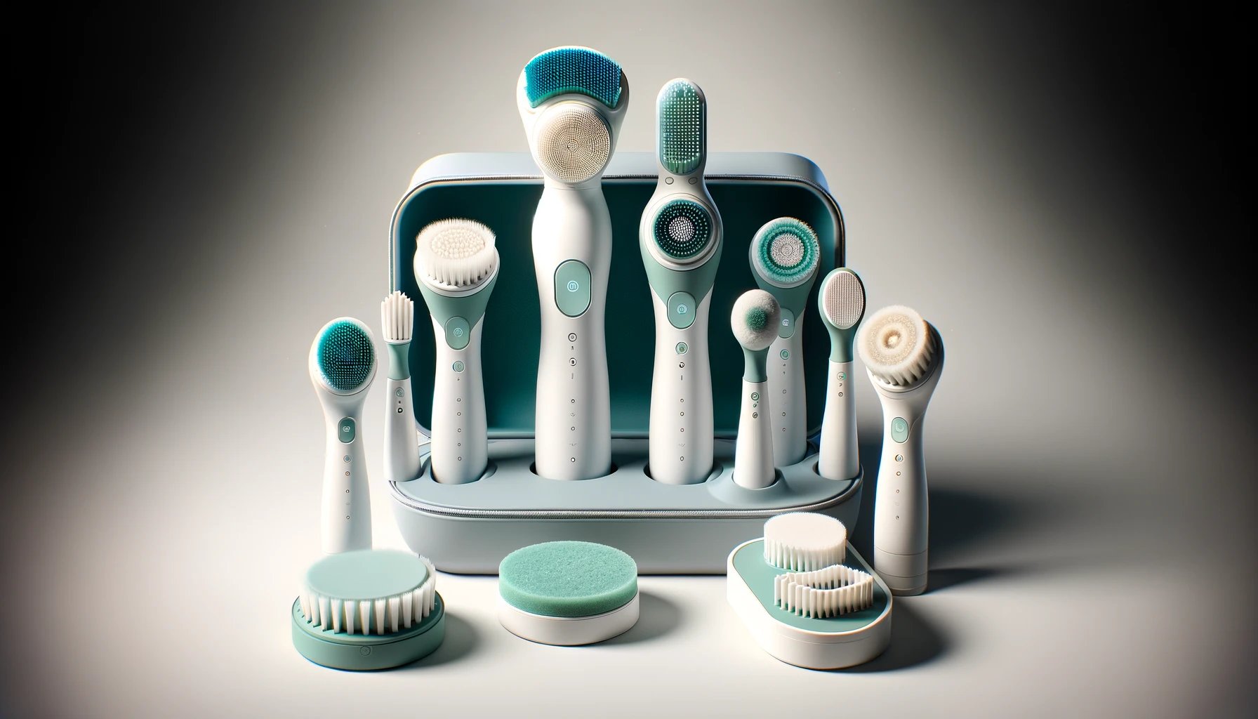 dall%c2%b7e-2024-02-04-15-23-43-generate-an-image-of-a-facial-cleansing-brush-system-with-multiple-interchangeable-heads-the-primary-device-should-be-sleek-and-white-with-teal-accen-9543525