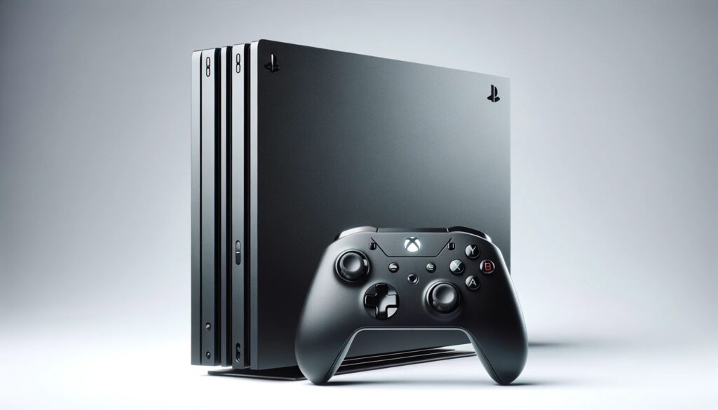 dall%c2%b7e-2024-02-04-22-04-08-a-modern-gaming-console-standing-vertically-with-a-wireless-controller-in-front-of-it-isolated-on-a-white-background-the-console-has-a-sleek-black-6213989