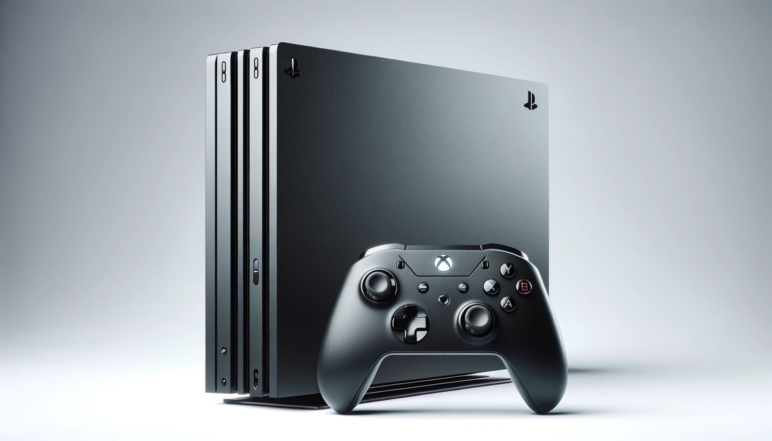 dall%c2%b7e-2024-02-04-22-04-08-a-modern-gaming-console-standing-vertically-with-a-wireless-controller-in-front-of-it-isolated-on-a-white-background-the-console-has-a-sleek-black-6213989