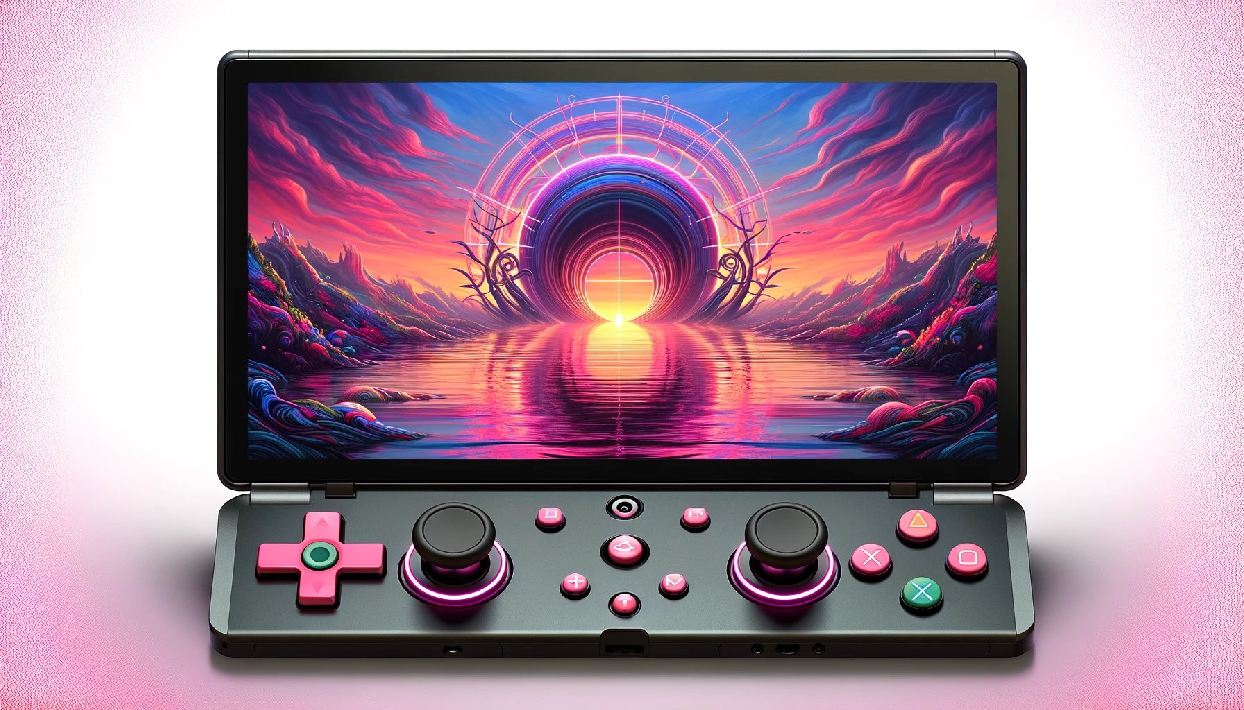 dall%c2%b7e-2024-02-05-06-16-08-an-image-of-a-modern-portable-gaming-console-with-a-wide-screen-displaying-a-vibrant-digital-artwork-of-a-surreal-landscape-at-sunset-the-landscape-f-3187577