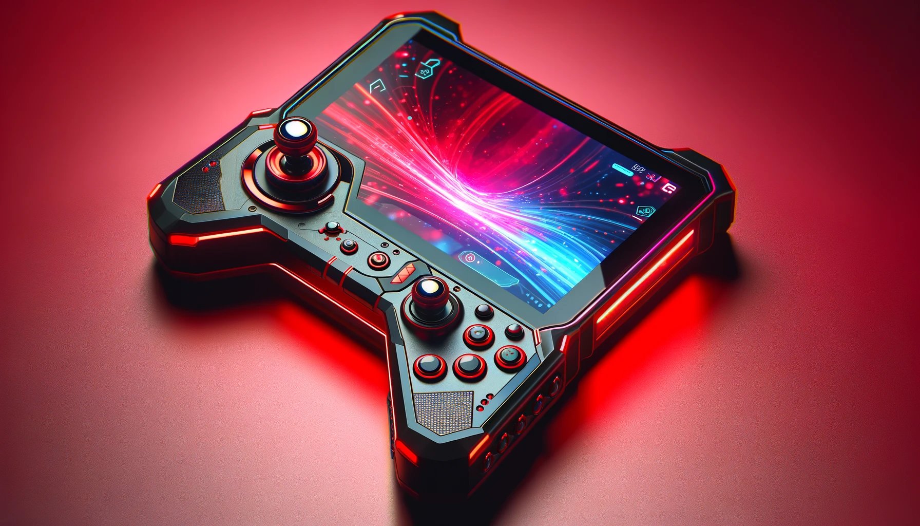 dall%c2%b7e-2024-02-05-06-50-48-create-a-wide-image-of-a-futuristic-handheld-gaming-device-the-device-should-have-a-sleek-red-and-black-design-with-advanced-control-features-includ-1031900
