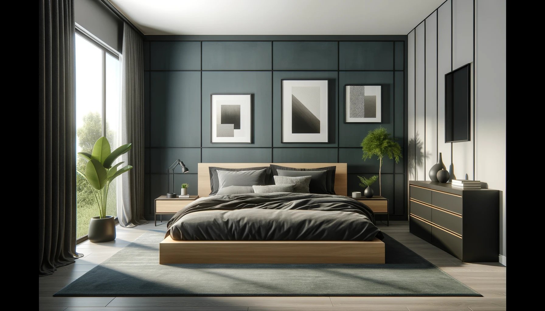 DALL·E-2024-02-06-15.04.17-A-contemporary-bedroom-featuring-a-large-bed-with-a-light-wood-frame-and-dark-gray-bedding.-There-is-one-patterned-cushion-on-the-bed.-To-the-left-a--5637827 dall%c2%b7e-2024-02-06-15-04-17-a-contemporary-bedroom-featuring-a-large-bed-with-a-light-wood-frame-and-dark-gray-bedding-there-is-one-patterned-cushion-on-the-bed-to-the-left-a-5637827