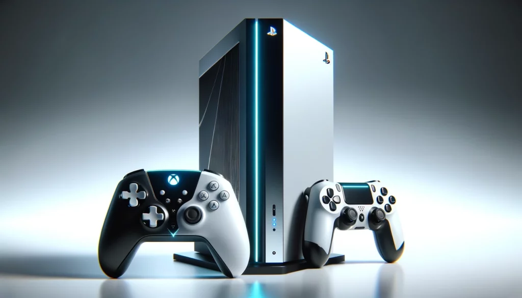 dall%c2%b7e-2024-02-06-18-13-31-a-modern-gaming-console-standing-vertically-with-a-futuristic-white-and-black-design-featuring-a-glowing-blue-light-accent-next-to-it-a-wireless-co-4378240