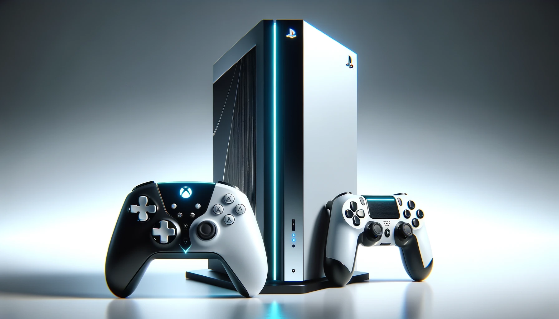 dall%c2%b7e-2024-02-06-18-13-31-a-modern-gaming-console-standing-vertically-with-a-futuristic-white-and-black-design-featuring-a-glowing-blue-light-accent-next-to-it-a-wireless-co-4378240