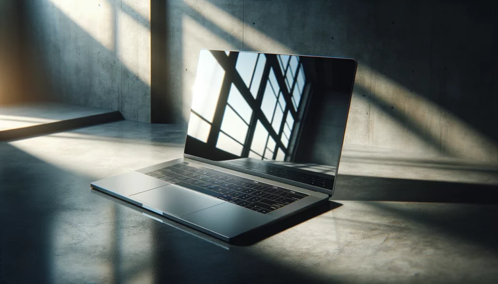 dall%c2%b7e-2024-02-06-18-46-20-a-modern-laptop-with-a-silver-body-and-black-keys-open-on-a-concrete-textured-surface-the-laptop-screen-is-off-showing-a-reflection-of-a-window-the-4133988