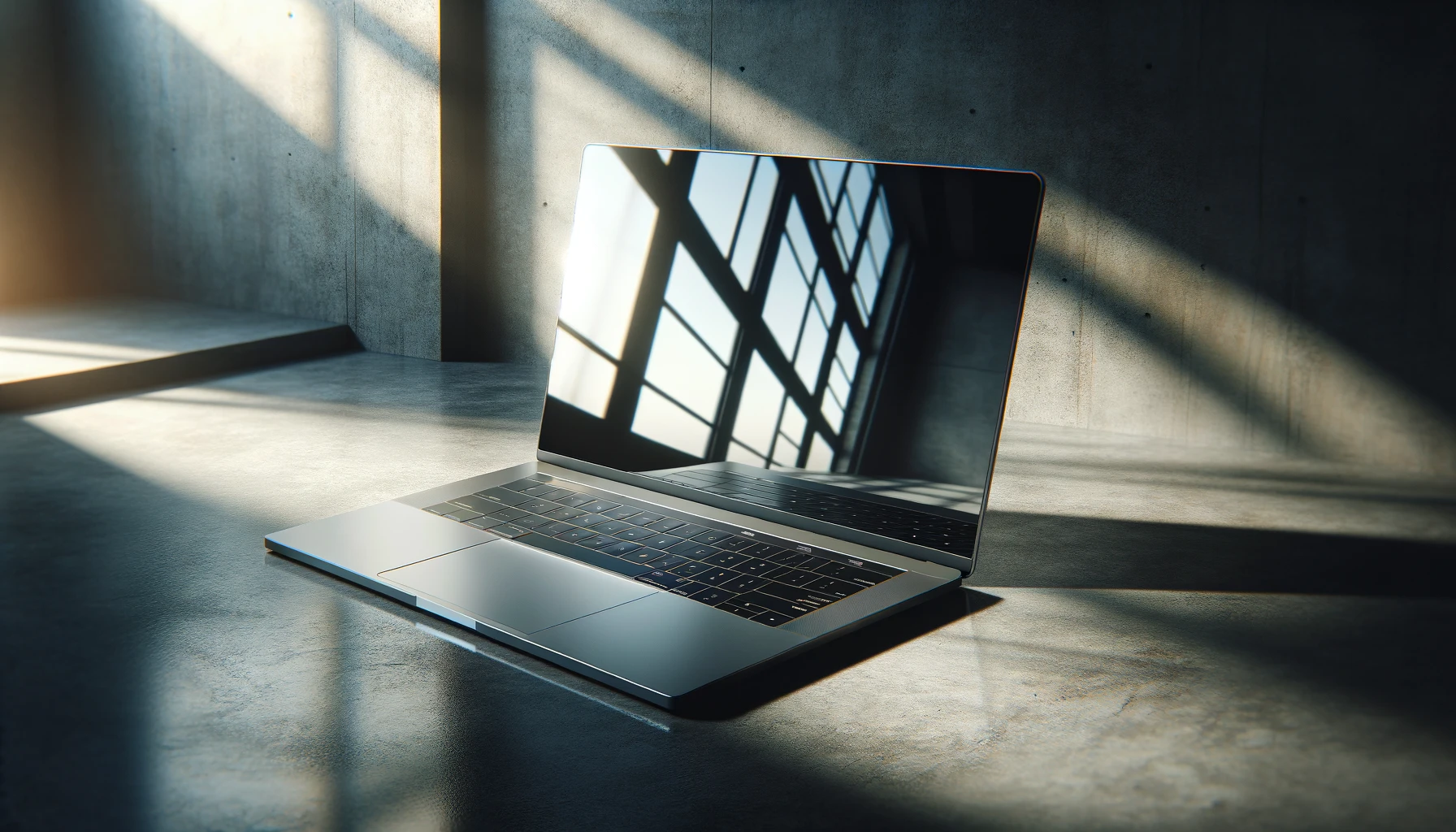 dall%c2%b7e-2024-02-06-18-46-20-a-modern-laptop-with-a-silver-body-and-black-keys-open-on-a-concrete-textured-surface-the-laptop-screen-is-off-showing-a-reflection-of-a-window-the-4133988