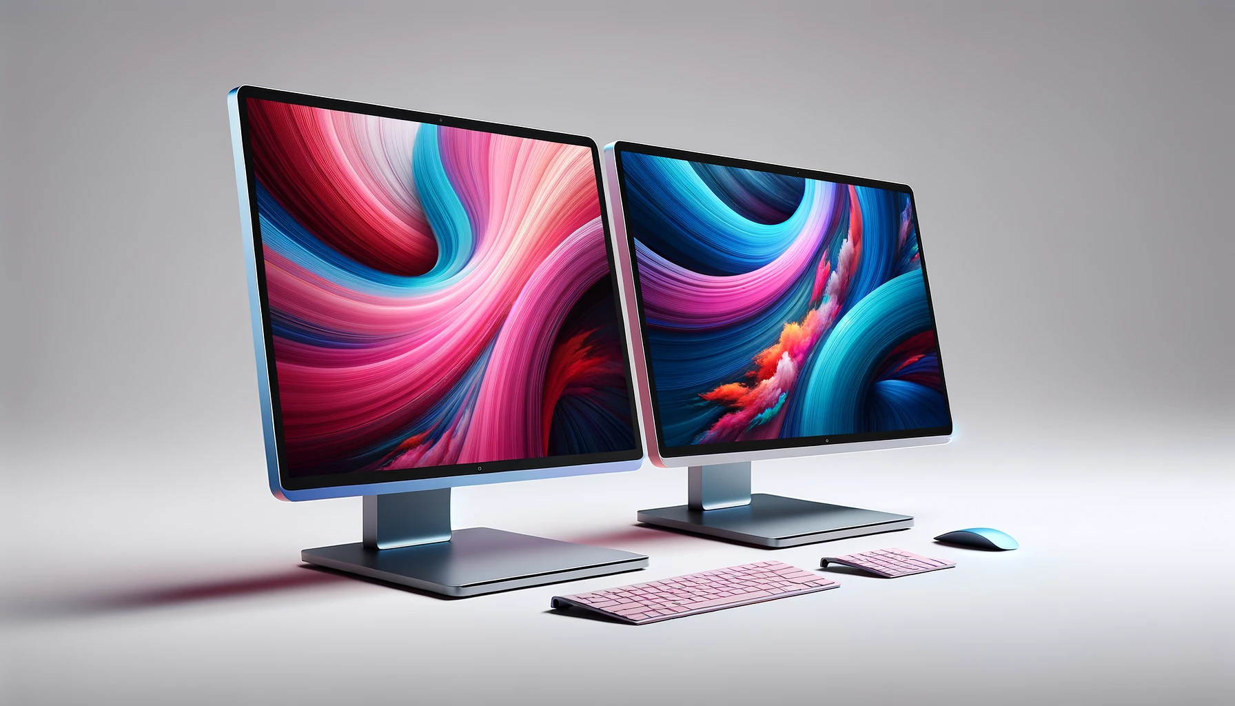 dall%c2%b7e-2024-02-06-19-07-22-two-modern-all-in-one-computers-with-large-displays-one-with-a-pinkish-hue-and-the-other-with-a-blue-hue-each-computer-has-a-slim-design-with-a-stan-9853096