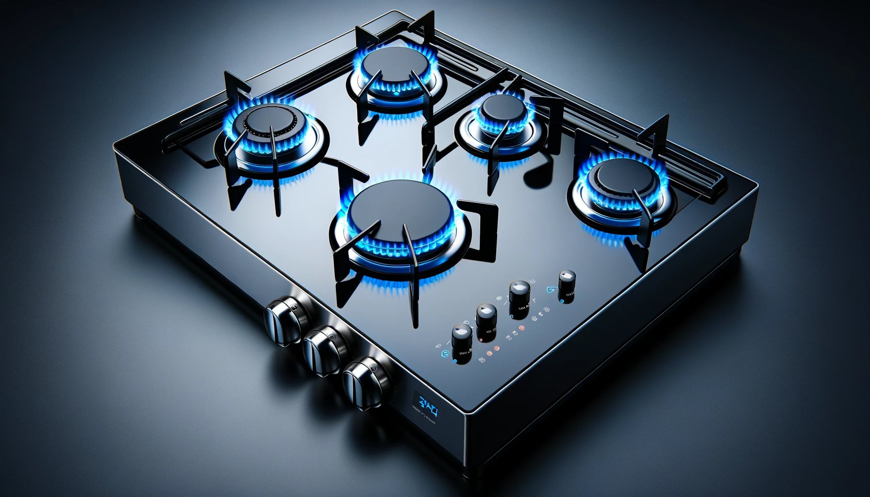dall%c2%b7e-2024-02-07-06-34-51-a-modern-gas-stove-with-a-black-glass-top-and-stainless-steel-edges-the-stove-has-four-burners-with-blue-flames-on-showing-different-intensities-of-1687494