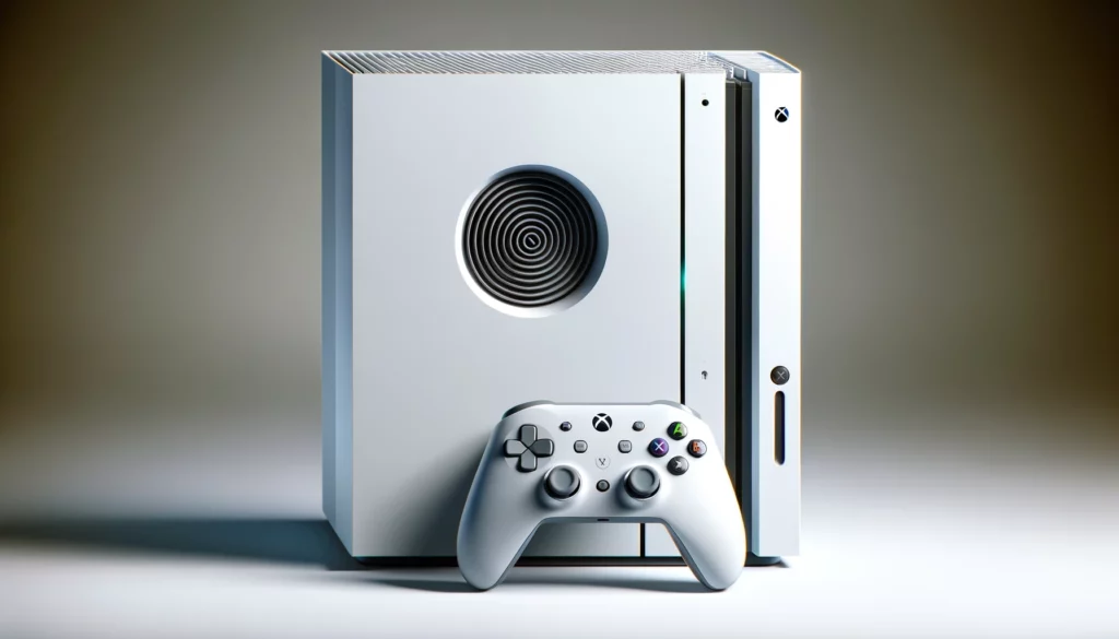 dall%c2%b7e-2024-02-07-22-40-56-a-modern-gaming-console-in-white-featuring-a-vertical-tower-design-with-a-large-circular-vent-on-the-top-accompanying-the-console-is-a-wireless-cont-4857153