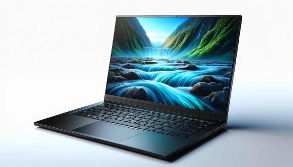 dall%c2%b7e-2024-02-07-22-44-44-a-modern-laptop-with-a-black-finish-the-screen-displaying-a-vibrant-image-of-a-river-with-clear-blue-waters-flowing-over-rocks-the-laptop-has-a-slim-3198708