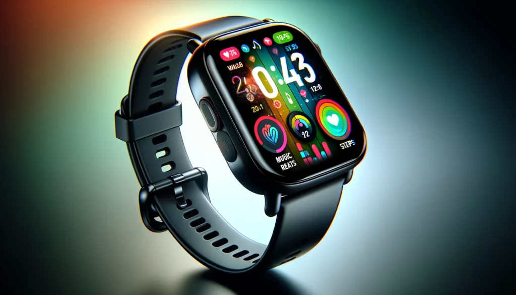 dall%c2%b7e-2024-02-07-23-06-21-a-modern-smartwatch-with-a-sleek-black-body-and-strap-featuring-a-square-shaped-digital-display-that-shows-a-colorful-and-detailed-interface-with-var-4797409