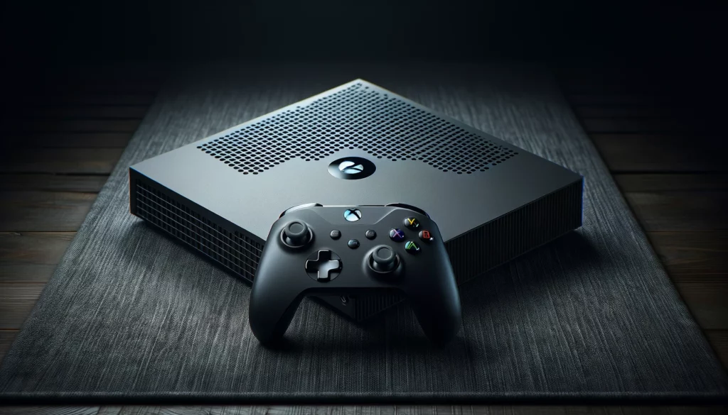 dall%c2%b7e-2024-02-07-23-48-18-an-image-of-a-contemporary-matte-black-gaming-console-standing-on-a-textured-dark-grey-fabric-surface-the-console-has-a-flat-top-with-a-circular-gri-7308699