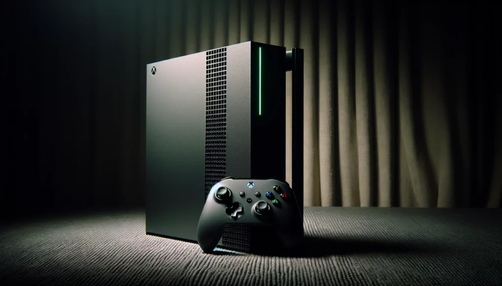 dall%c2%b7e-2024-02-08-02-35-10-a-photograph-of-a-modern-gaming-console-rectangular-standing-vertically-on-a-textured-dark-fabric-surface-the-console-is-matte-black-with-a-distinc-1841117